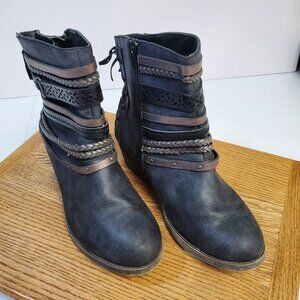 DOD Boots Womens Size 7 Black Ankle Western Boho Braided Strap Zip Lace Up